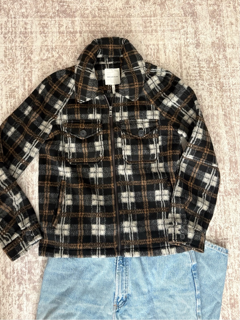 Avec Les Filles Black, White & Brown Plaid Zip-Front Jacket